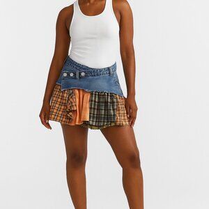 Denim and Plaid Patchwork Skirt